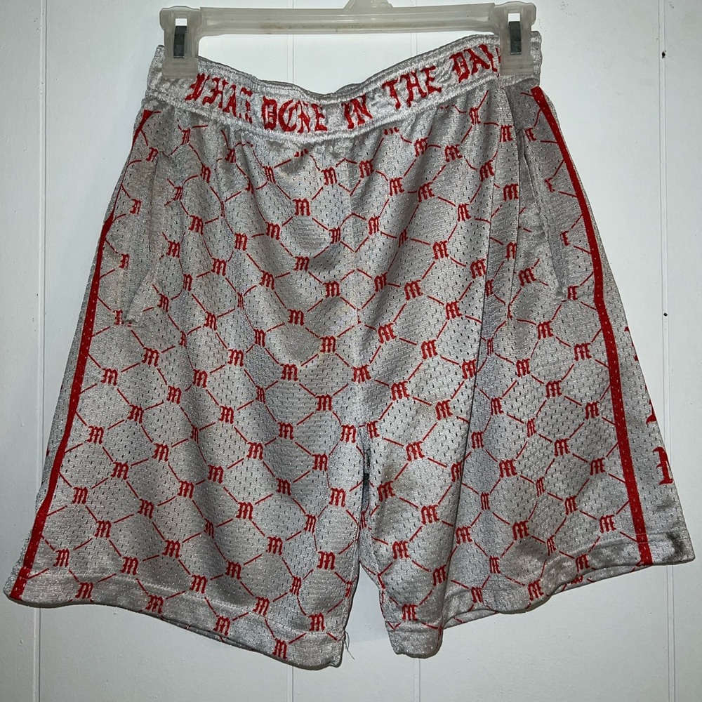 Red/white MadMan mesh shorts.